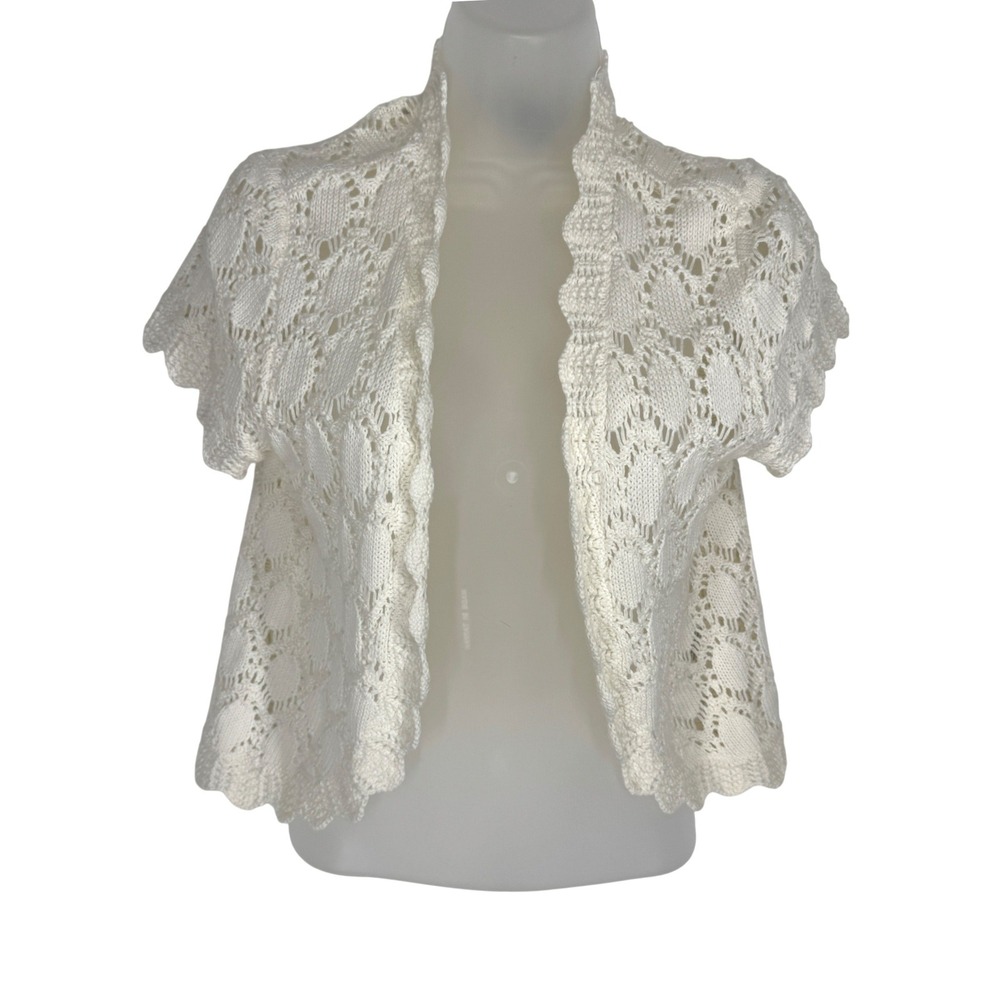Vintage Open Knit Pointelle Short Sleeve Cardigan Scalloped Hem Size M Coquette